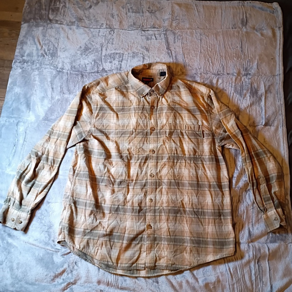 Wolverine Mens XL Plaid Button Down Shirt‎ Tan Olive Green 100% Cotton Workwear